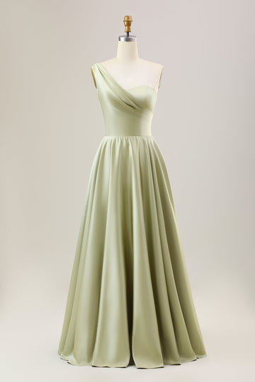 Dusty Sage A Line One Shoulder Long Satin brudepike kjole